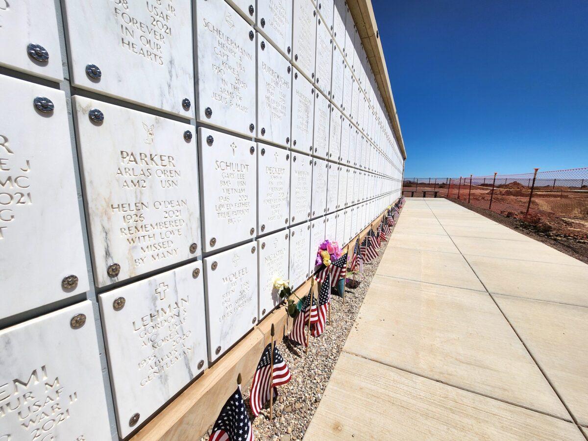 More than 1,000 deceased veterans' remains are kept in the columbarium at the Arizona Veterans Memorial Cemetery in Marana, Ariz. Photo taken on May 27, 2023. (Allan Stein/The Epoch Times)