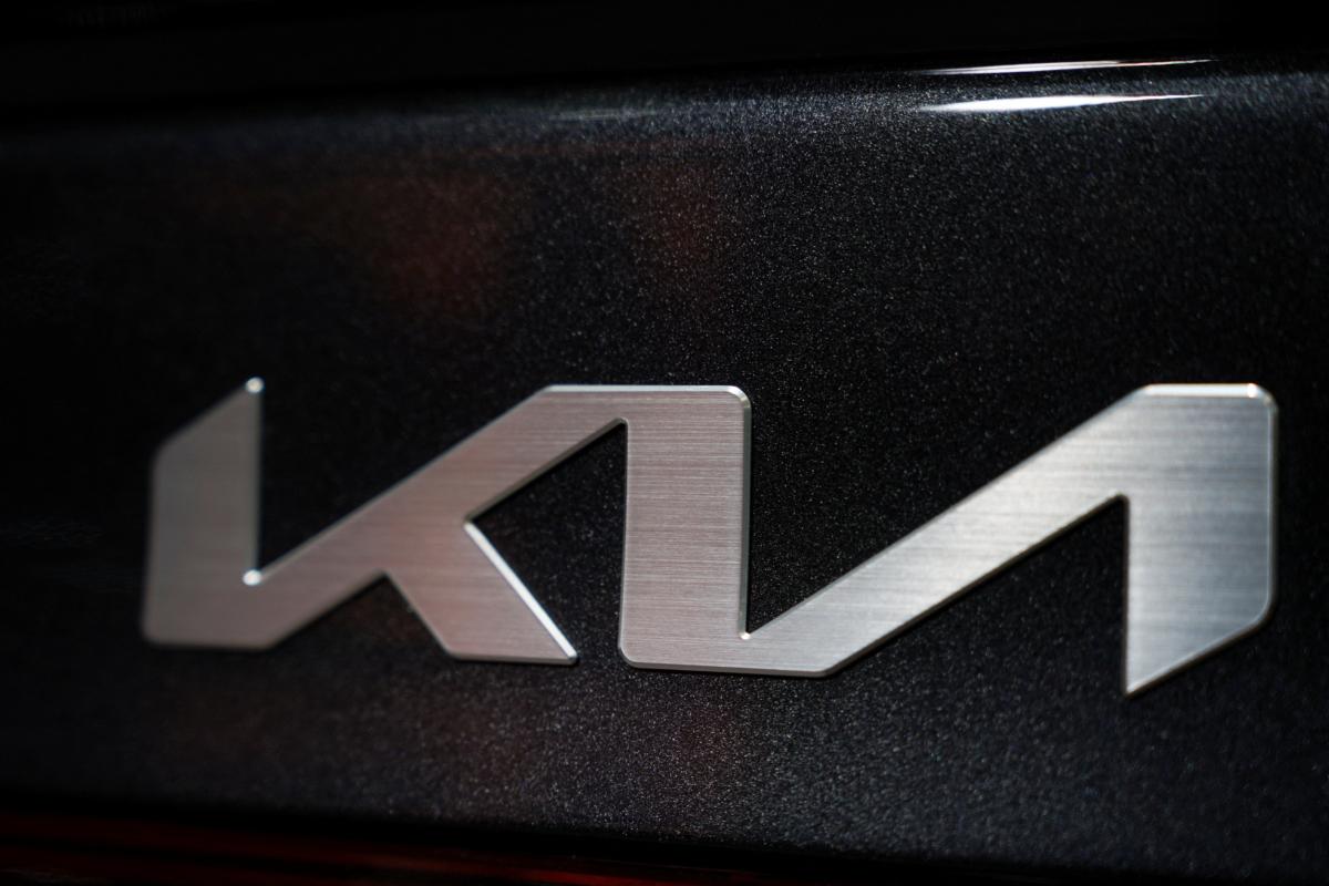 A KIA logo is seen during the New York International Auto Show in Manhattan, New York, on April 5, 2023. (David 'Dee' Delgado/Reuters)