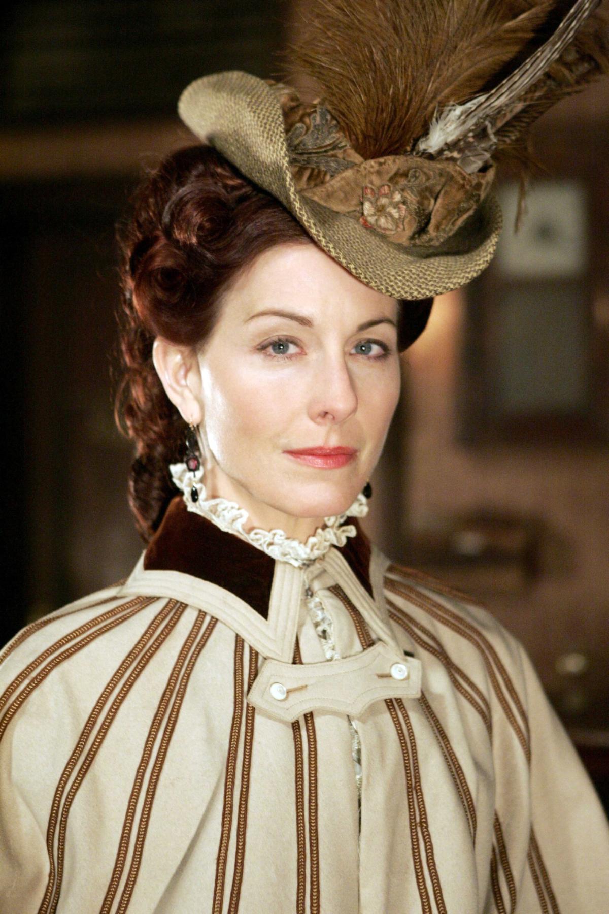 Accessories also played an important role in showcasing characters’ personalities. Here, a ‘‘Deadwood’’ character with a bird-feather-adorned hat. (MovieStillDB)