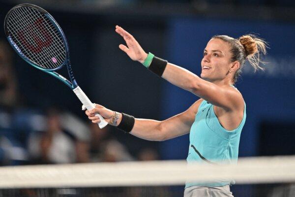 Maria Sakkari of Greece gestures at the net after a point against Misaki Doi of Japan during their women's singles match on day four of the Pan Pacific Open tennis tournament in Tokyo on Sept. 28, 2023. (Richard A. Brooks/AFP via Getty Images)