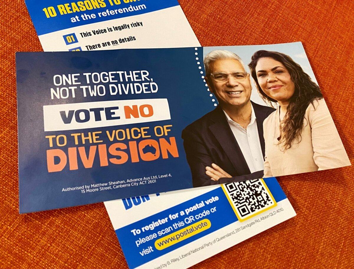 A flyer for the "No" campaign against the Indigenous Voice to Parliament proposal to alter the Australian Constitution featuring the image of No campaigners Warren Mundine and Sen. Jacinta Price, taken in Brisbane, Australia, on Oct. 3, 2023. (D. Teng/The Epoch Times)