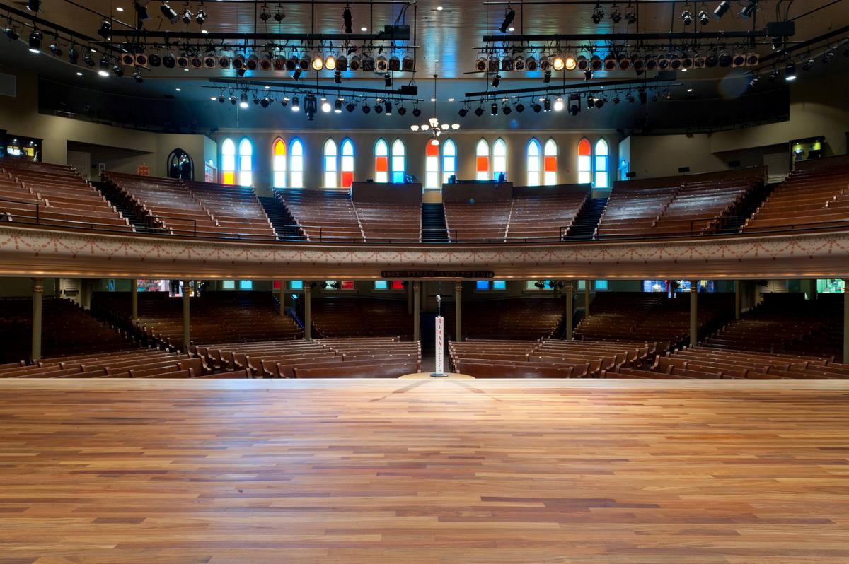 A view of the concert hall from the stage at the Ryman Auditorium in Nashville. (Courtesy of Deena Bouknight)
