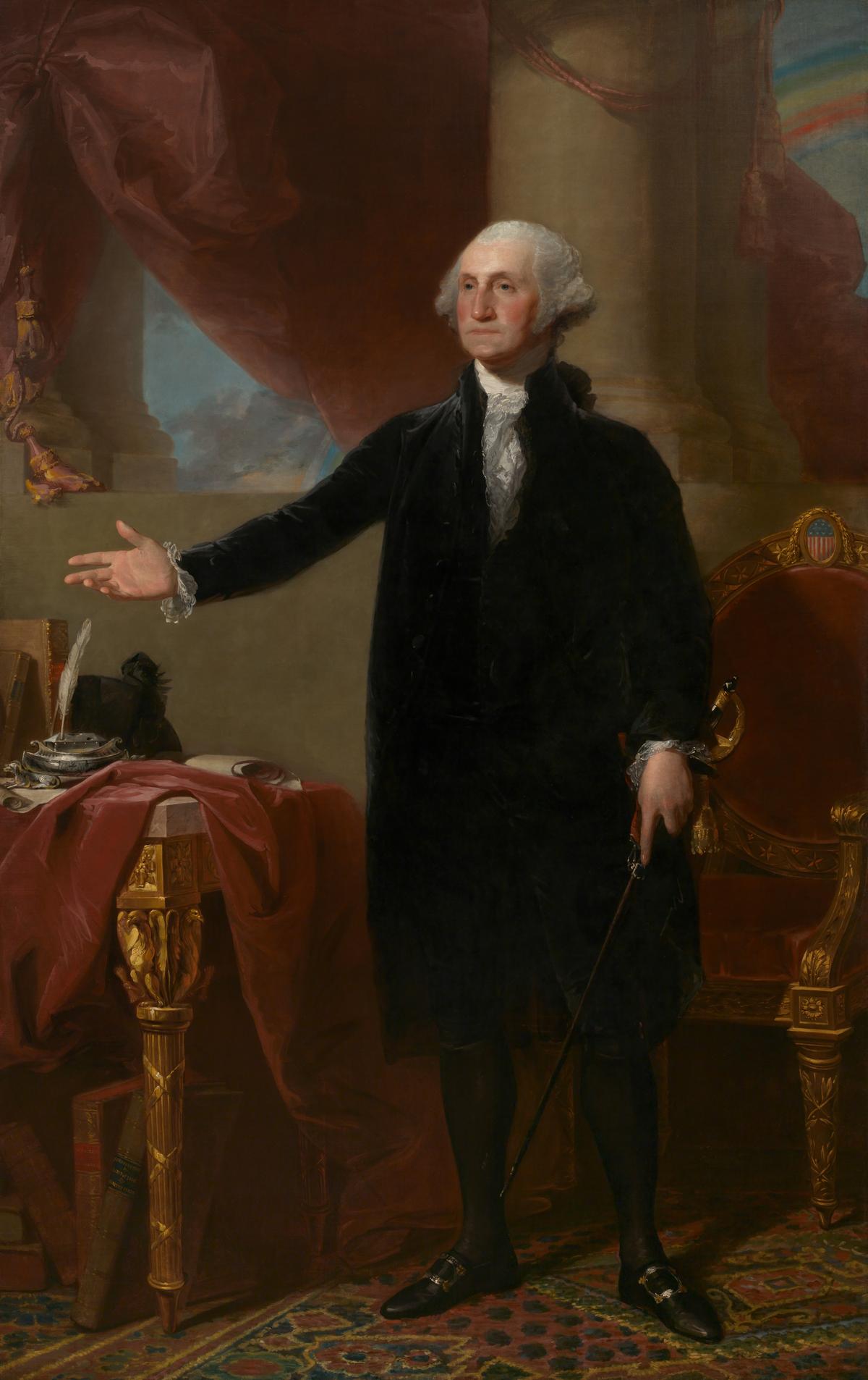 George Washington (Lansdowne Portrait), 1796, by Gilbert Stuart. Oil on canvas; 97 1/2 inches by 62 1/2 inches.  National Portrait Gallery, Smithsonian Institution, Washington. (Public Domain)