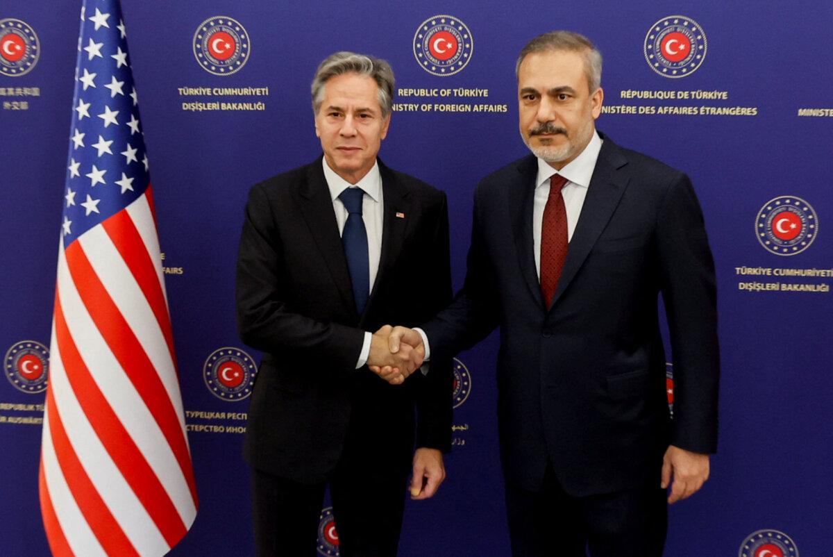 U.S. Secretary of State Antony Blinken meets with Turkish Foreign Minister Hakan Fidan (R) at the Ministry of Foreign Affairs in Ankara, Turkey, on Nov. 6, 2023. (Jonathan Ernst/Reuters)