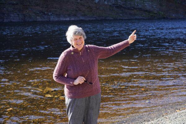 Ginny Dudko talks about the southern end of the Upper Delaware River in the Town of Deerpark, N.Y., on Nov. 3, 2023. (Cara Ding/The Epoch Times)