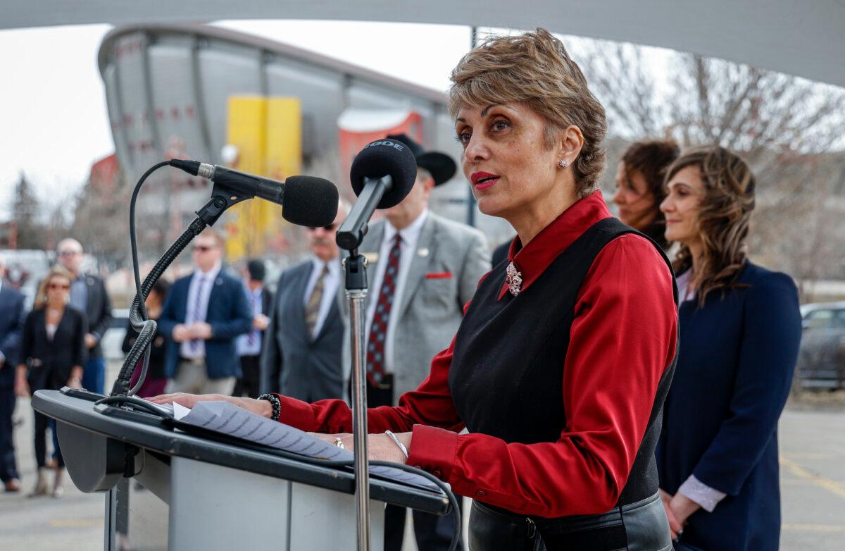 Incumbent Calgary Mayor Jyoti Gondek speaks at an event in the city on April 25, 2023. (<span class="post_caption_credit">The Canadian Press/Jeff McIntosh)</span>