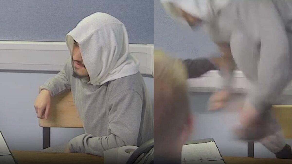Two screengrabs from a police interview show Edward Little (L) suddenly leaping up, jumping over a table, and attacking a detective (R) in a London police station. (Counter Terrorism Policing South East)