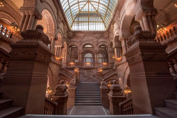 Each of the staircases at the Capitol opens up to a large space naturally lit by a skylight. The skylight was covered for 60 years because of concerns that it might become a navigational point for enemy pilots during World War II. Both architects Richardson and Perry put their mark on the skylight to bring as much light as possible into the space. (New York State Office of General Services)