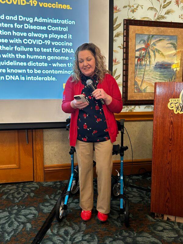 Danielle Baker, former registered nurse, speaks at a press conference at The Villages, Fla., on January 26, 2024 (Patricia Tolson/The Epoch Times).