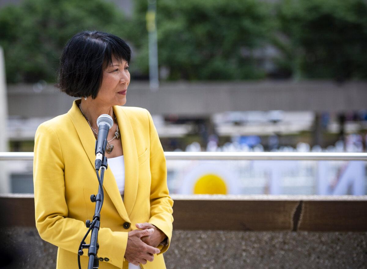 Toronto Mayor Olivia Chow speaks to media at Toronto City Hall on July 12, 2023. (The Canadian Press/Tijana Martin)