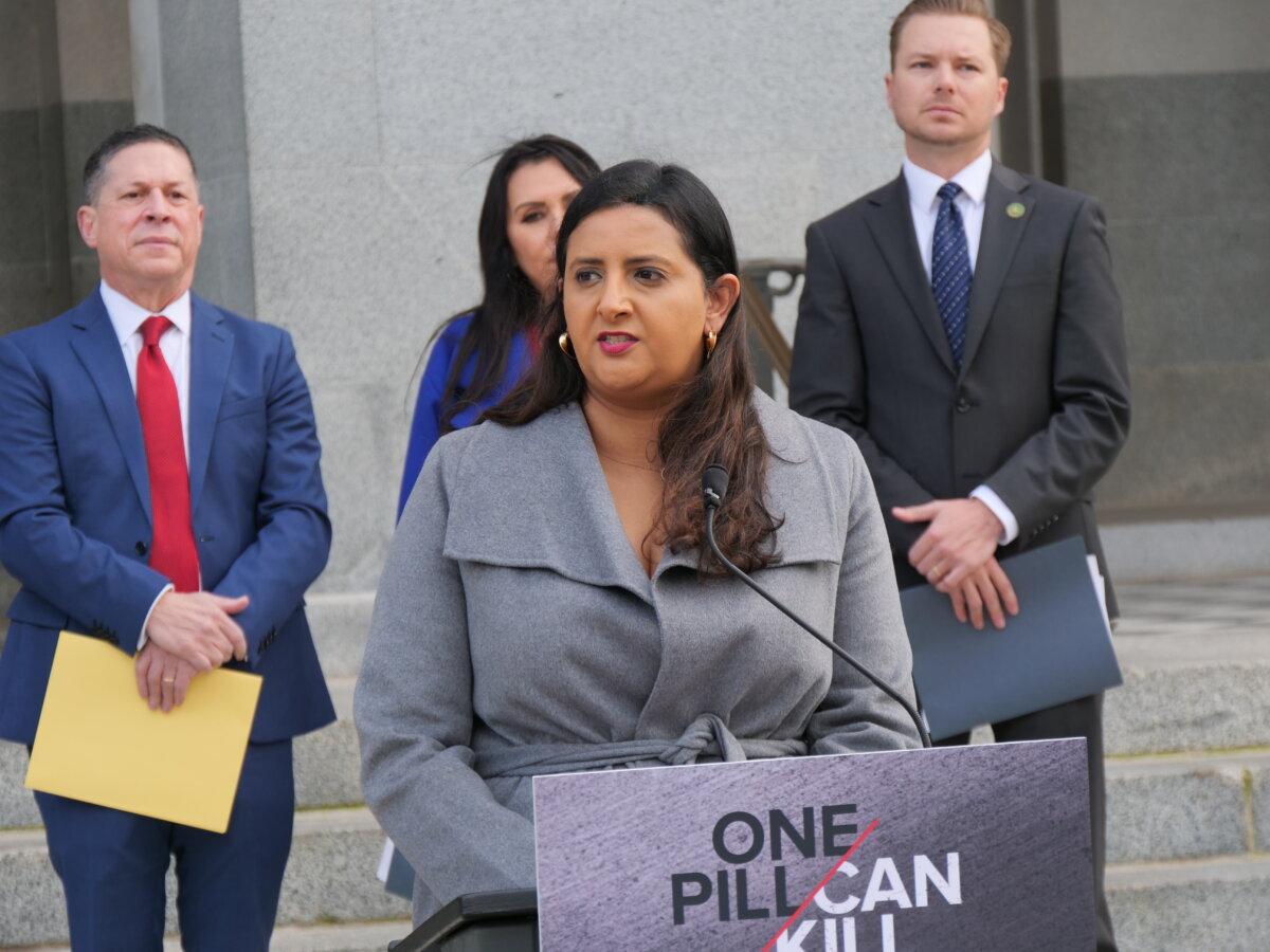 Assemblywoman Jasmeet Bains, speaking at the Capitol on Feb. 14, said the policy of increasing access to medications such as Narcan is not the answer. (Travis Gillmore/The Epoch Times)