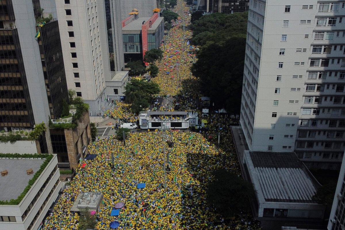 Aerial view showing supporters of former Brazilian President Jair Bolsonaro attending a rally in São Paulo, Brazil, on Feb. 25, 2024. (Miguel Schincariol/AFP via Getty Images)