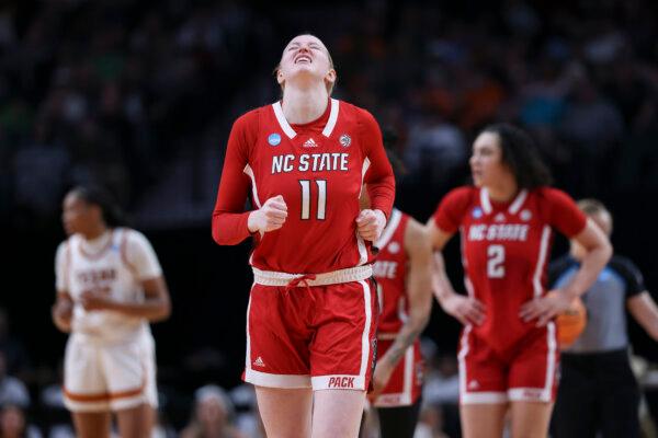 Maddie Cox of North Carolina State reacts during an NCAA Tournament game against Texas in Portland, Ore., on March 31, 2024. (Howard Lao/AP Photo)