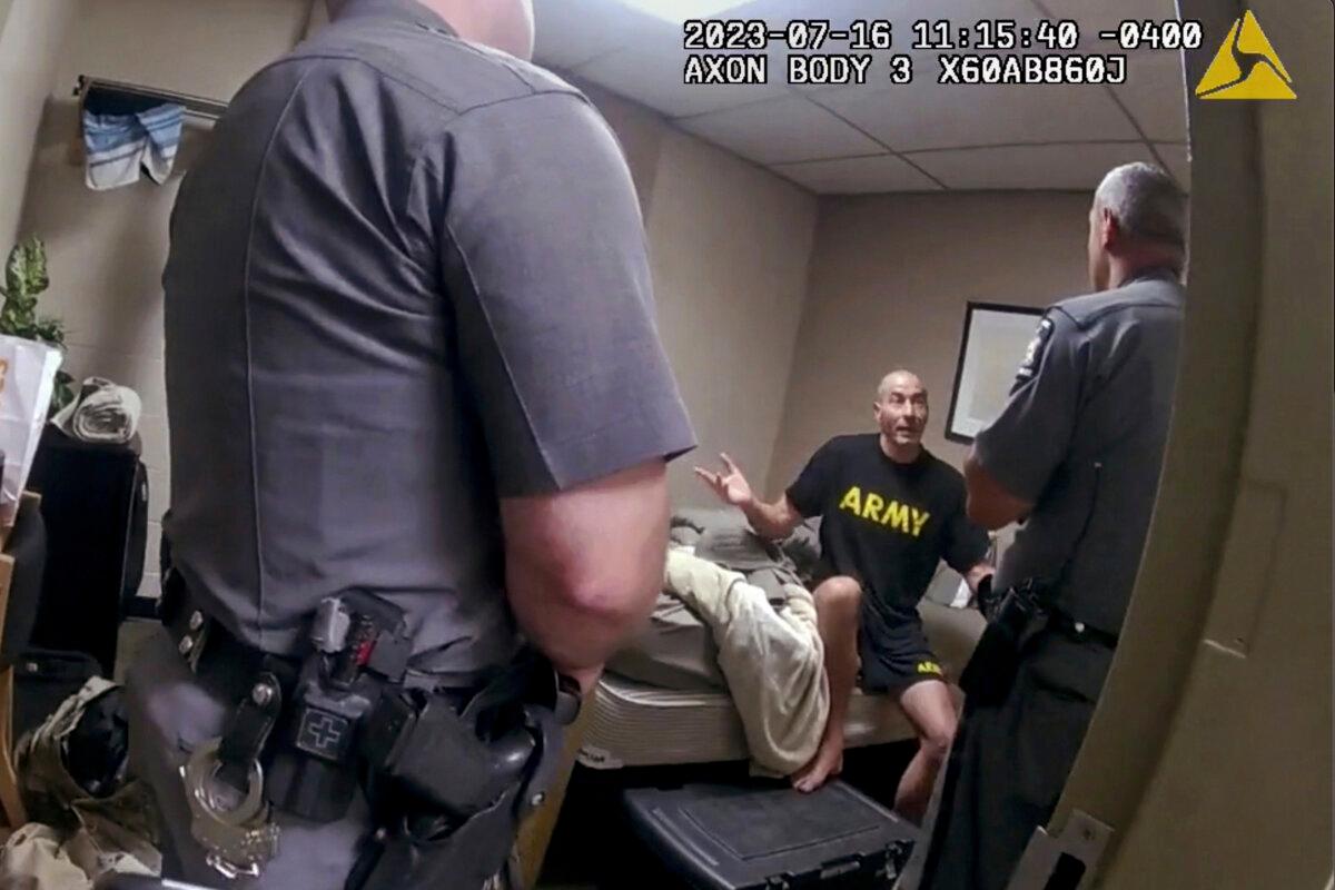 New York State police interview Army reservist Robert Card, the man later responsible for Maine's deadliest mass shooting, at Camp Smith in Cortlandt, New York, on July 16, 2023. (WMTW-TV 8/New York State police via AP)