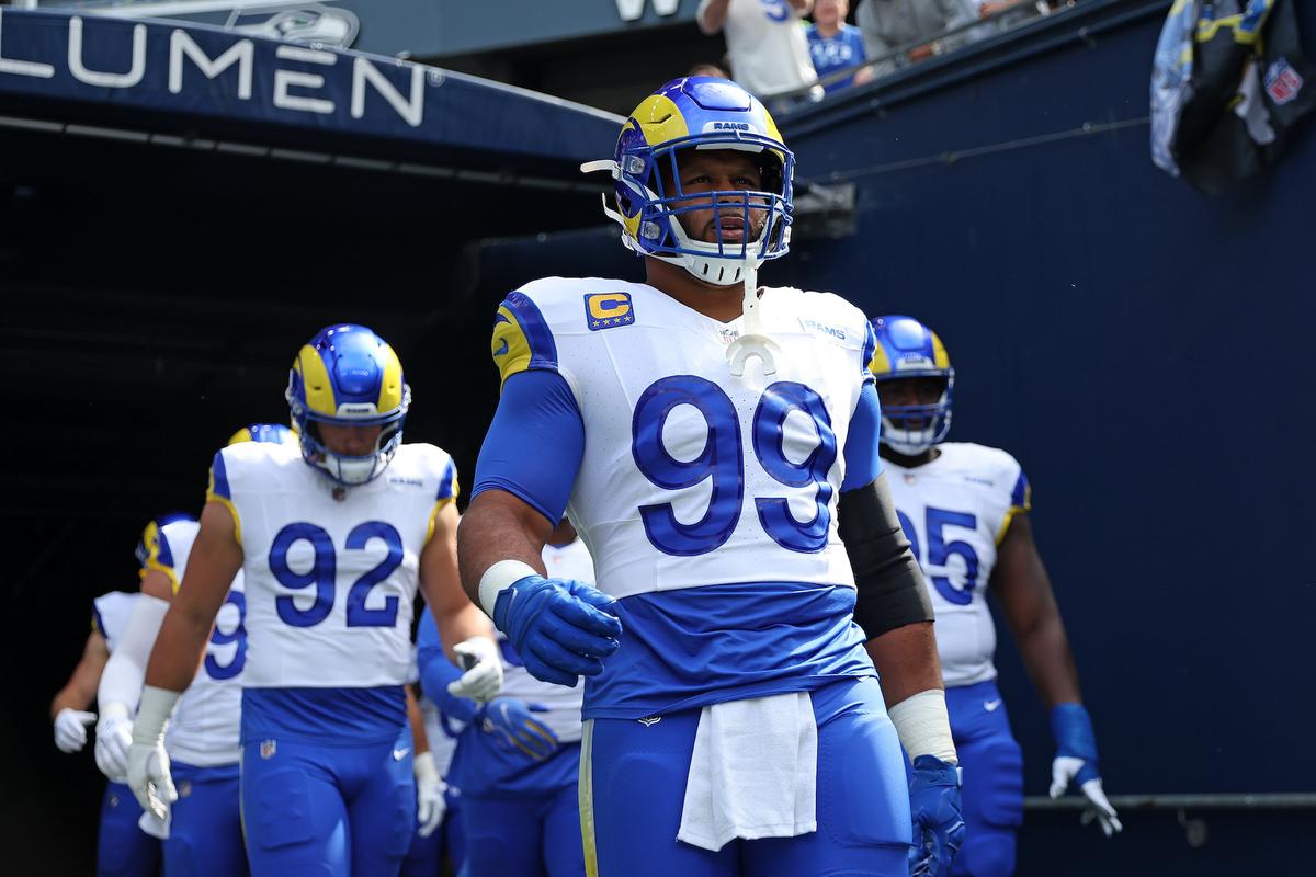 Aaron Donald (99) of the Los Angeles Rams warms up prior to the game against the Seattle Seahawks at Lumen Field in Seattle, Wash., on Sept. 10, 2023. (Steph Chambers/Getty Images)