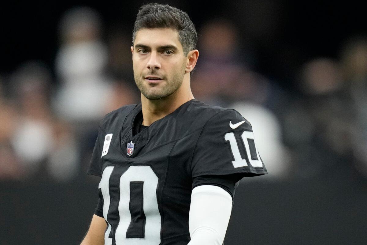 Then-Las Vegas Raiders quarterback Jimmy Garoppolo looks on before a game against the Denver Broncos in Las Vegas on Jan. 7, 2024. (John Locher/AP Photo)