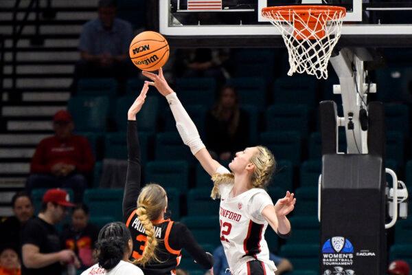 Stanford forward Cameron Brink blocks a shot against Oregon State in a Pac-12 tournament game in Las Vegas on March 8, 2024. (David Becker/AP Photo)