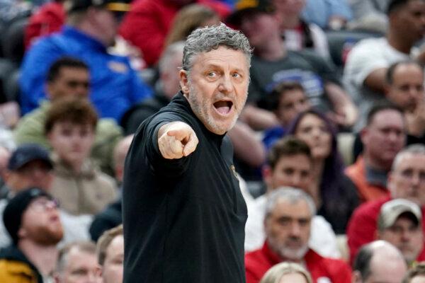 Oakland Coach Greg Kampe calls out to his team during an NCAA Tournament game against North Carolina State in Pittsburgh on March 23, 2024. (Matt Freed/AP Photo)