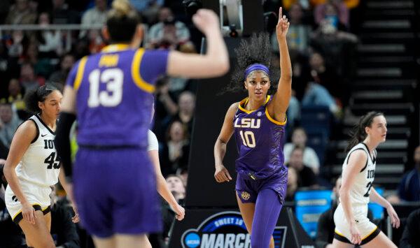 LSU's Angel Reese reacts during an NCAA women's basketball tournament game against Iowa in Albany, N.Y., on April 1, 2024. (Mary Altaffer/AP Photo)
