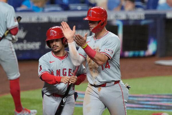 Logan O'Hoppe scores a ninth-inning run for the Los Angeles Angels during a game against the Miami Marlins in Miami on April 1, 2024. (Marta Lavandier/AP Photo)