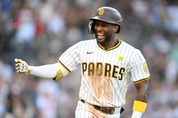 Jurickson Profar of the San Diego Padres is all smiles after hitting a two-run home run against the Chicago Cubs in San Diego on April 10, 2024. (Denis Poroy/AP Photo)