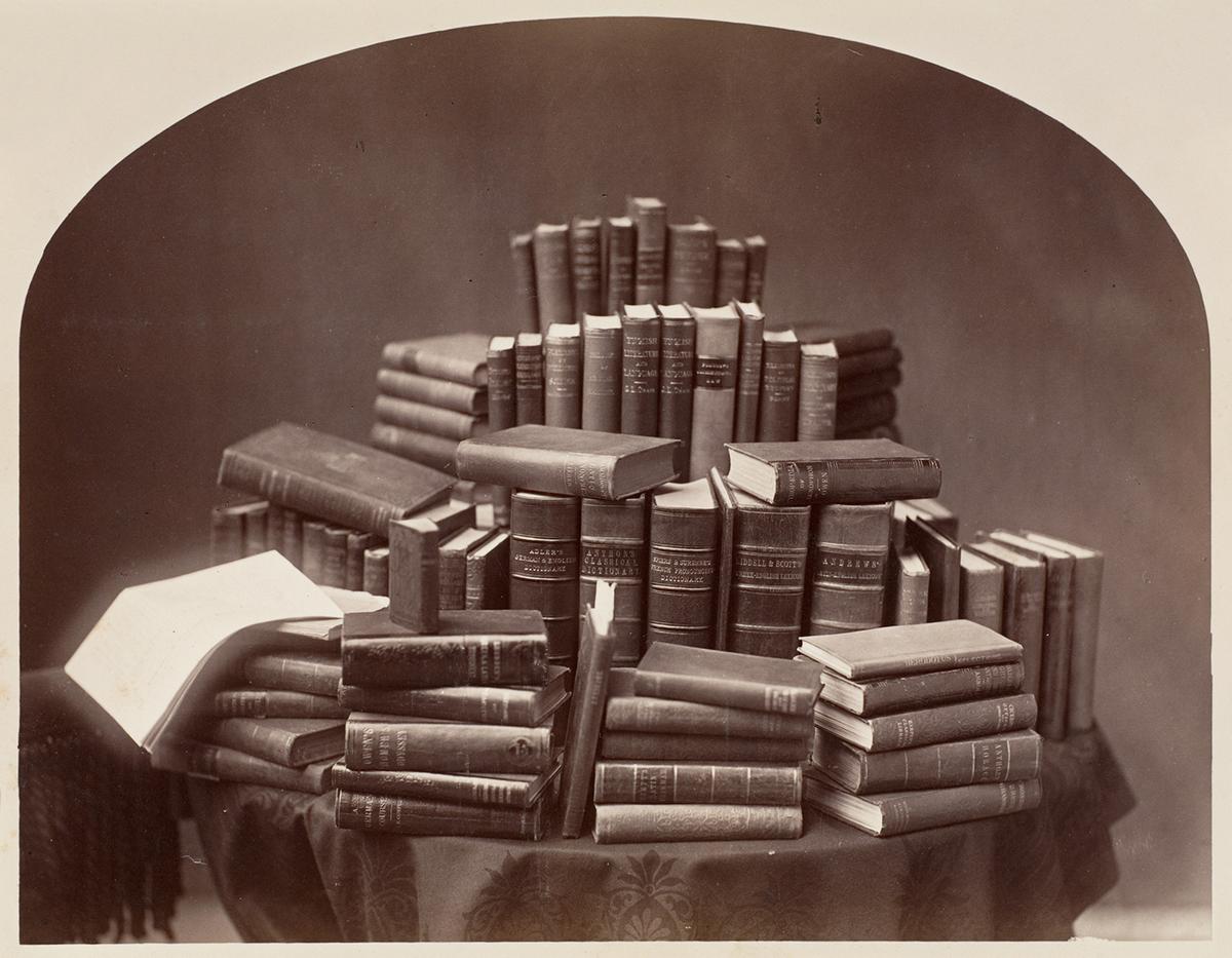 "[Still Life With Books]," 1870s–80s, attributed to William Notman. Albumen silver print from glass negative. The Metropolitan Museum of Art, New York City. (Public Domain)