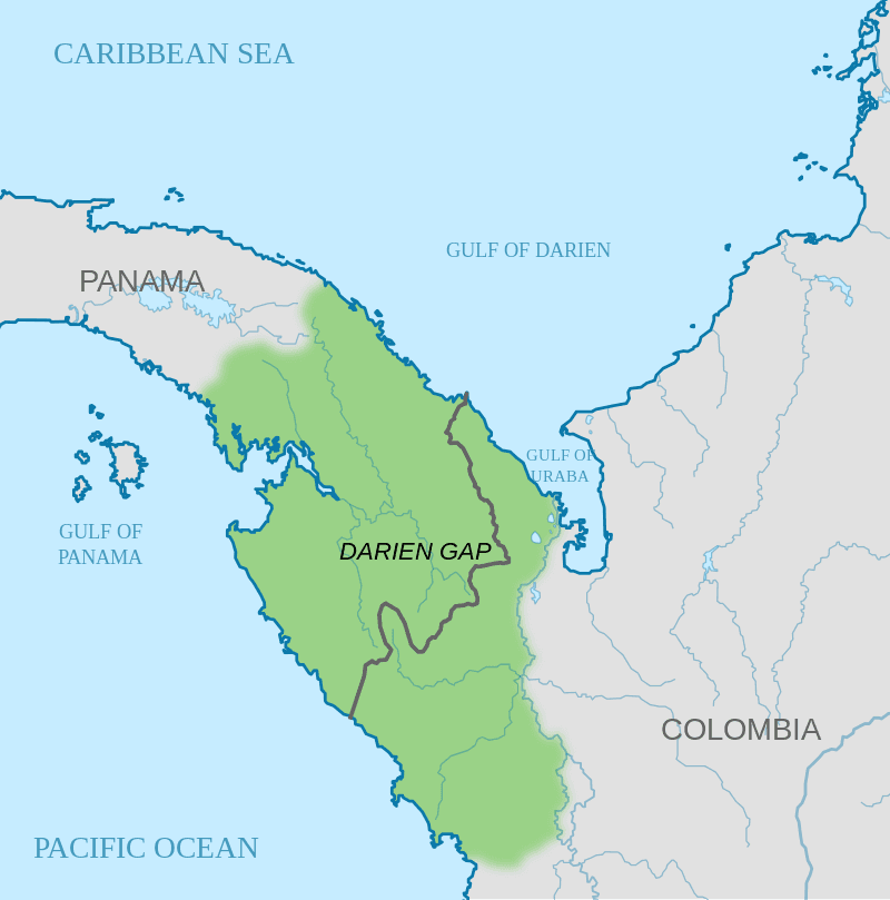 A map of the Darién Gap, at the Colombia–Panama border, one of the most dangerous places in the world, which is being used to process and facilitate mass migration at the U.S.–Mexico border. (<a style="font-size: 16px;" href="https://upload.wikimedia.org/wikipedia/commons/thumb/5/5d/Map_of_Dari%C3%A9n_Gap-en.svg/800px-Map_of_Dari%C3%A9n_Gap-en.svg.png" target="_blank" rel="nofollow noopener">Milenioscuro/CC BY-SA 4.0)</a>