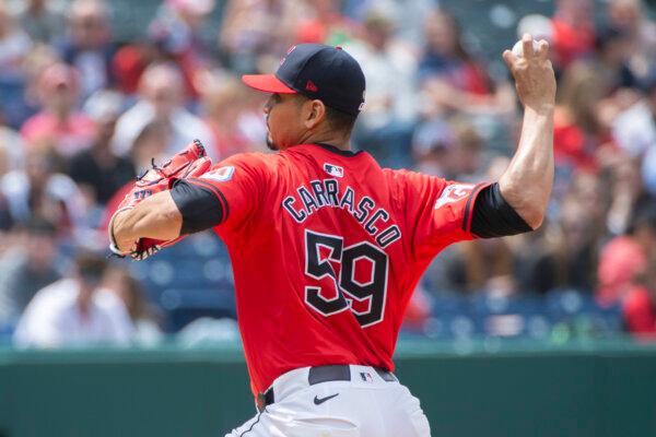 Guardians right-hander Carlos Carrasco works against the Angels in Cleveland on May 5, 2024. (Phil Long/AP Photo)