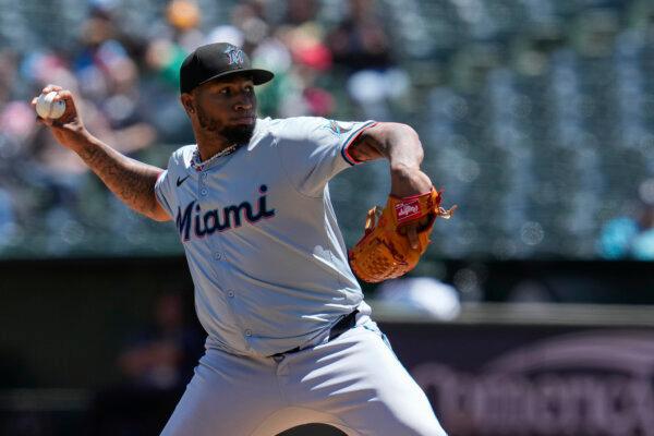 Marlins pitcher Sixto Sánchez works against the A's in Oakland, Calif., on May 5, 2024. (Godofredo A. Vásquez/AP Photo)