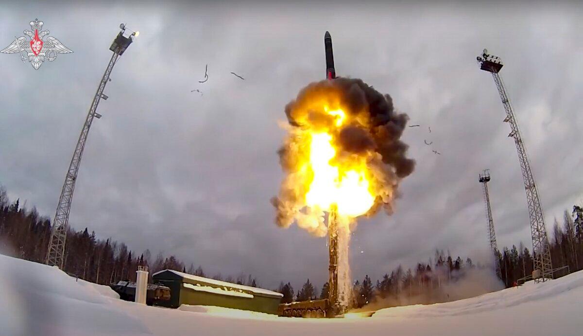 A Yars intercontinental ballistic missile launched from an airfield during military drills in Russia on Feb. 19, 2022. (Russian Defense Ministry Press Service via AP)