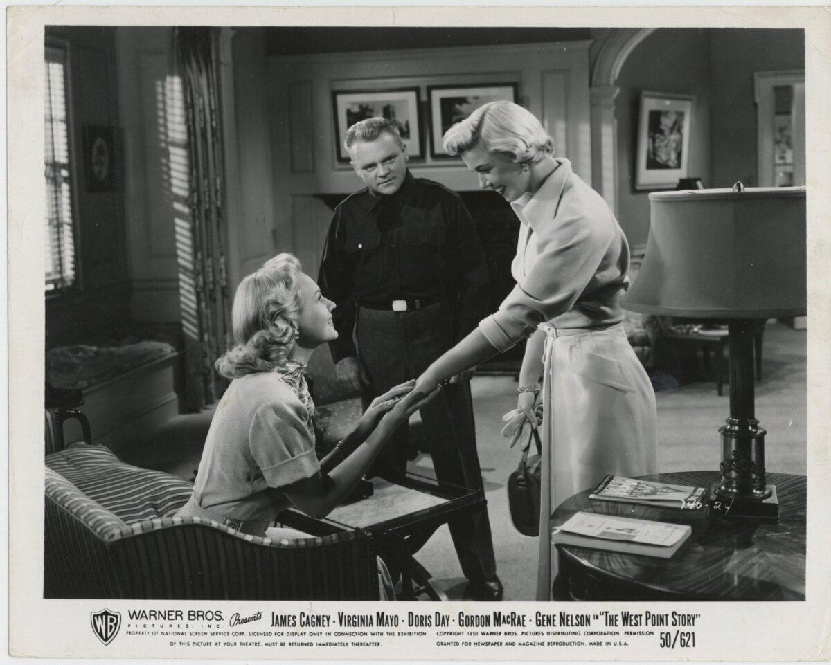 (L–R) Eve Dillon (Virginia Mayo), Elwin 'Bix' Bixby (James Cagney), and Jan Wilson (Doris Day), in “West Point Story.” (Warner Bros.)