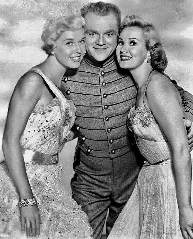 (L–R) Jan Wilson (Doris Day), Elwin 'Bix' Bixby (James Cagney), and Eve Dillon (Virginia Mayo), in “West Point Story.” (Warner Bros.)