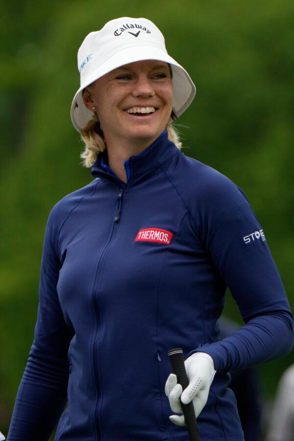 Madelene Sagstrom smiles before teeing off on the third hole during the final round of the LPGA Cognizant Founders Cup golf tournament in Clifton, N.J., on May 12, 2024. (Seth Wenig/AP Photo)