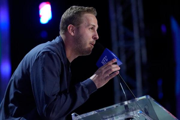 Detroit Lions quarterback Jared Goff speaks during the first round of the NFL draft in Detroit on April 25, 2024. (Jeff Roberson/AP Photo)