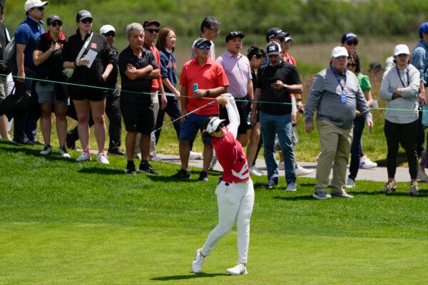 Hannah Green hits an approach shot on the first hole during the final round of the Mizuho Americas Open in Jersey City, N.J., on May 19, 2024. (Seth Wenig/AP Photo)