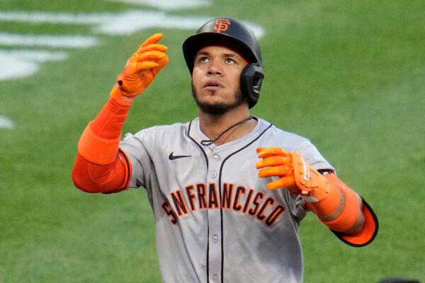 Thairo Estrada of the Giants crosses the plate after hitting a two-run home run against the Pirates in Pittsburgh on May 21, 2024. (Gene J. Puskar/AP Photo)