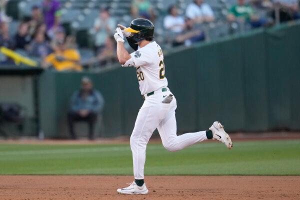 Zack Gelof of the A's gestures after hitting a home run against the Mariners in Oakland, Calif., on June 5, 2024. (Jeff Chiu/AP Photo)