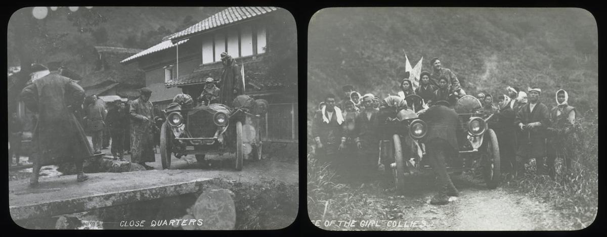 (Left) George Schuster and his team navigate the Thomas Flyer around a tight corner in Japan. (Right) Three Japanese women ride in the Thomas Flyer with Schuster. Gift of the Family of Henry Austin Clark, Jr., The Henry Ford, Dearborn, Mich. (The Henry Ford Museum)