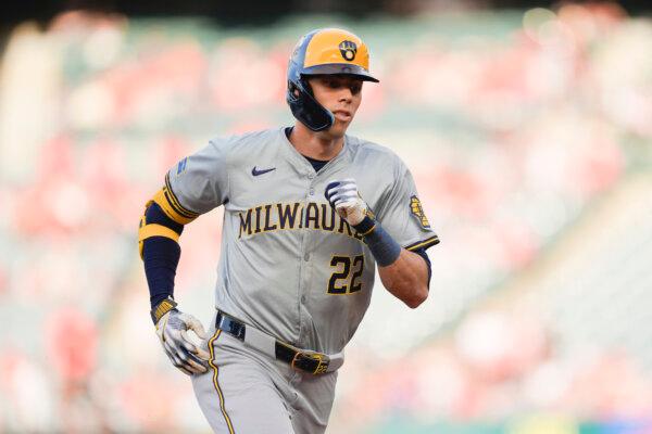 Christian Yelich of the Brewers rounds the bases after hitting his 200th career home run against the Angels in Anaheim, Calif., on June 18, 2024. (Ryan Sun/AP Photo)