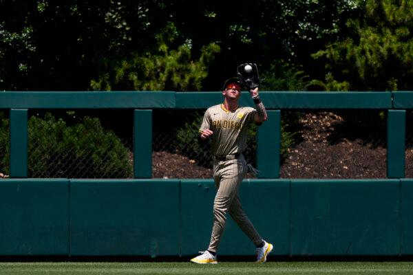 Padres center fielder Jackson Merrill snags a fly ball against the Phillies in Philadelphia on June 19, 2024. (Matt Slocum/AP Photo)
