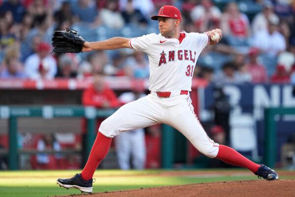 Angels left-hander Tyler Anderson pitches against the Brewers in Anaheim, Calif., on June 19, 2024. (Ryan Sun/AP Photo)