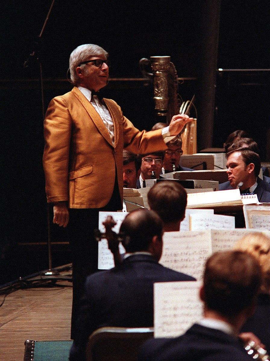 Elmer Bernstein is a guest conductor for the U.S. Air Force Band in 1981. (Public Domain)