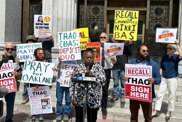 Oakland United to Recall Sheng Thao President Brenda Harbin-Forte speaks during a press conference in front of the City Hall in Oakland, Calif., on June 19, 2024. (Courtesy of Chris Moore)