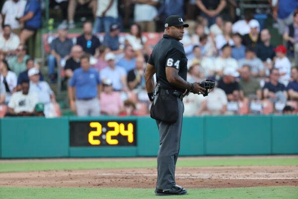 Alan Porter, part of the first all-Black umpiring crew in Major League Baseball history, pauses during a Negro Leagues tribute game between the San Francisco Giants and St. Louis Cardinals in Birmingham, Ala., on June 20, 2024. (Vasha Hunt/AP Photo)