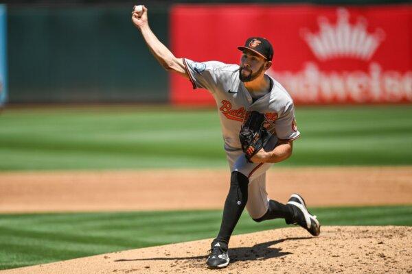 Orioles pitcher Grayson Rodriguez works against the A's in Oakland, Calif., on July 7, 2024. (Eakin Howard/AP Photo)