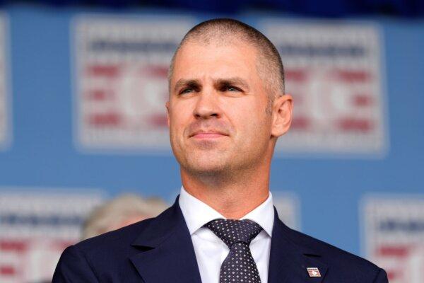 Joe Mauer at the National Baseball Hall of Fame induction ceremony in Cooperstown, N.Y. on July 21, 2024, (Julia Nikhinson/AP Photo)