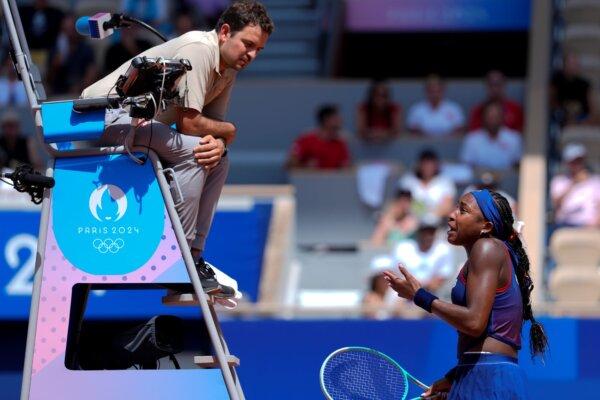 Coco Gauff argues with the chair umpire during her women's singles match against Donna Vekic at the Summer Olympics in Paris on July 30, 2024. (Andy Wong/AP Photo)