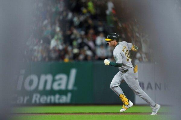 The A's JJ Bleday enjoys a home-run trot against the Giants in San Francisco on July 30, 2024. (Godofredo A. Vásquez/AP Photo)