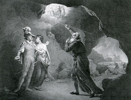 "Ferdinand and Miranda in Prospero's Cell," 1800, Joseph Wright. Copperplate engraving by Robert Thew. (Public Domain)