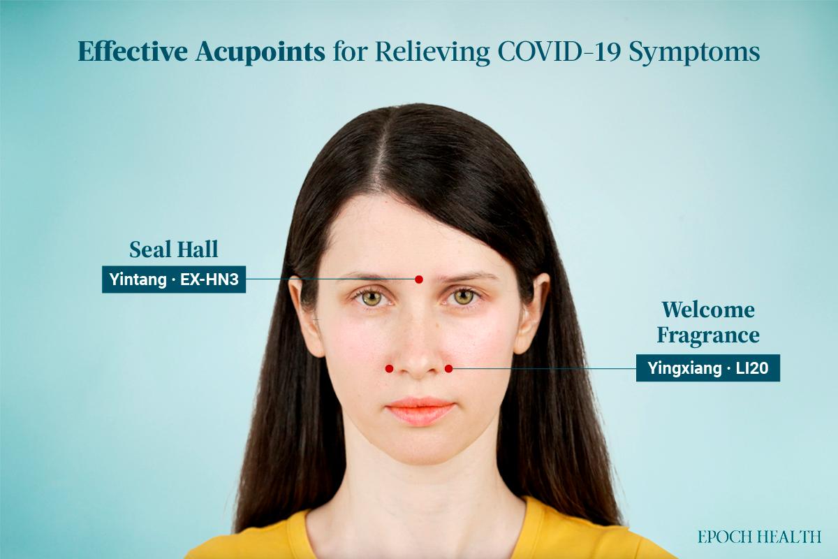 Effective acupoints for relieving COVID-19 symptoms such as nasal congestion and runny nose. (The Epoch Times)